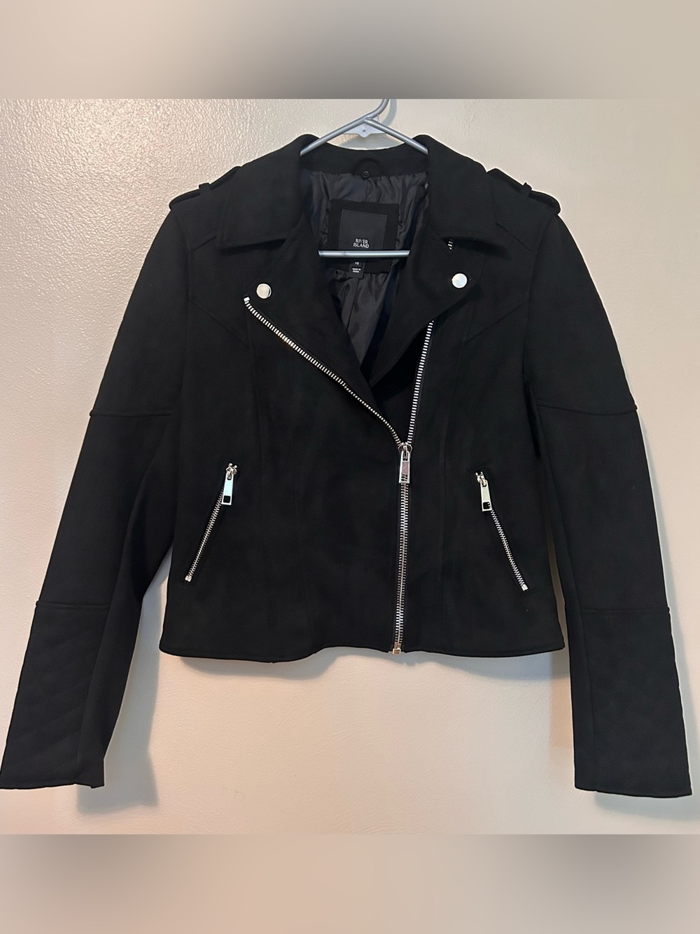 River Island Black Faux Suede Biker Jacket with Silver Hardware